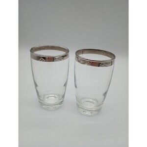 Set of 2 MCM Thick Silver Band Juice Glasses Heavy Base 5 Fluid Ounces